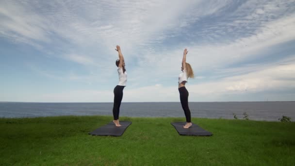 Two young women practicing meditation and yoga in nature at high mountain cliff near the sea. — Stock Video