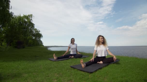 Dos mujeres meditando al aire libre sentadas en el borde de la costa cerca del mar, medio loto posan dedos doblados gesto mudra hacer ejercicio de yoga por la mañana. Dos mujeres practicando la pose de cabeza girada a rodilla — Vídeos de Stock