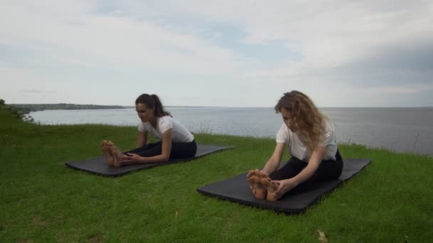 Due giovani donne praticano yoga sulla costa vicino al lago o al mare. Formazione verso l'alto Plank posa . — Video Stock
