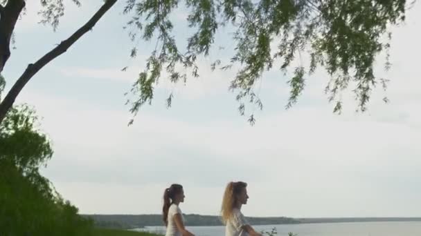 两个健康的年轻女子在湖边或海边练瑜伽的侧视图。女人坐着摆姿势沉思 — 图库视频影像