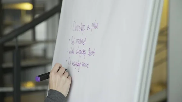 Business woman putting his ideas on white board during a presentation in conference room. — Stock Photo, Image