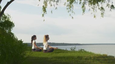Denizin kenarında oturmuş meditasyon yapan iki kadın, nilüfer çiçekli parmakları katlanmış, sabah yoga egzersizi yapan iki kadın..