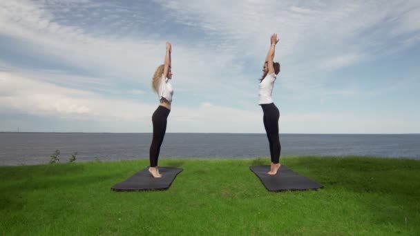 Dos mujeres jóvenes practicando meditación y yoga en la naturaleza en el acantilado de alta montaña cerca del mar . — Vídeos de Stock