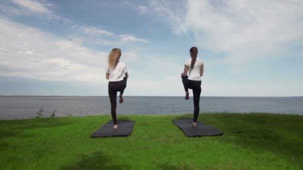 Dos mujeres jóvenes practican yoga en la playa junto al mar u ocea. Árbol de entrenamiento pose . — Vídeos de Stock