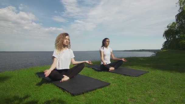 Due donne che meditano all'aperto seduti sul bordo della costa vicino al mare, loto posa dita piegate mudra gesto fare esercizio di yoga al mattino . — Video Stock