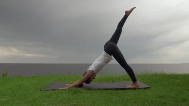 Ung vältränad kvinna utövar yoga på kusten nära sjön eller havet. Kvinna som gör trebent nedåtvänd hund sedan krigare I innehar — Stockvideo