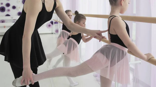 Little balerina in purple leotards training at barre. — Stok Foto