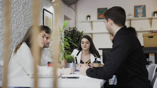Female team leader giving direction to young creative team. Business team working at trendy loft office. — Stock Photo, Image