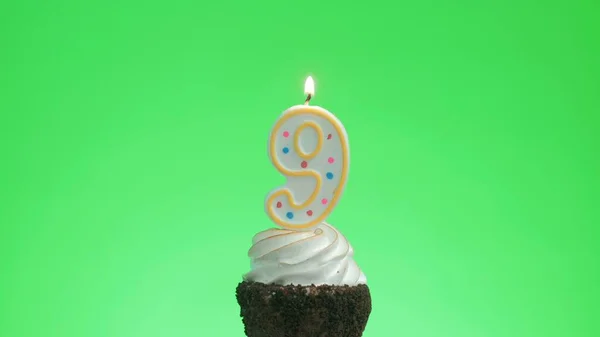 Ανάβοντας ένα κερί αριθμό εννέα γενεθλίων σε ένα νόστιμο κέικ κύπελλο, πράσινη οθόνη 9 — Φωτογραφία Αρχείου