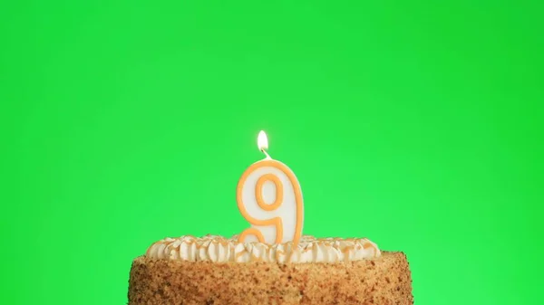 Encendiendo una vela de cumpleaños número cuatro en un delicioso pastel, pantalla verde 9 — Foto de Stock