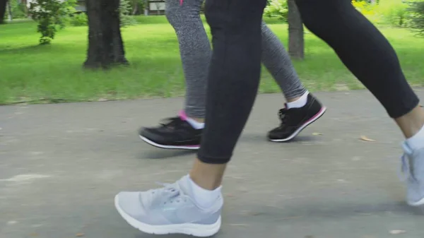 Nahaufnahme von athletischen weiblichen Beinen, die an der Park Road laufen — Stockfoto
