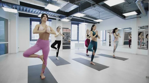 Los estudiantes de yoga están haciendo pose de árbol de equilibrio mientras hacen ejercicio en el moderno estudio de bienestar. Instuctor de pie en el centro está dando recomendaciones . —  Fotos de Stock