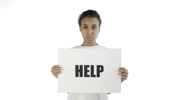 Afro-American Girl Activist With HELP Poster on white background — Stock Photo, Image