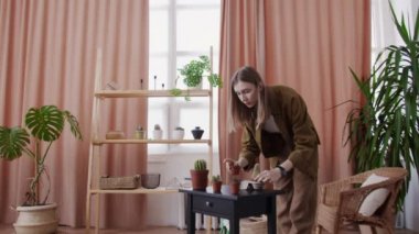 Genç bayan çiçekçi evde kaktüslerini suluyor.