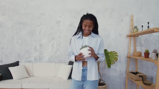 Atractiva mujer afroamericana posando en la cámara con su encantador cactus favorito en las manos — Vídeo de stock