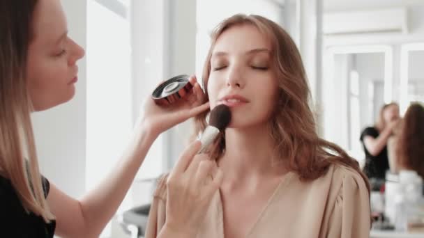 Professional make up artist makes blush on models face using makeup brush. — Stock Video