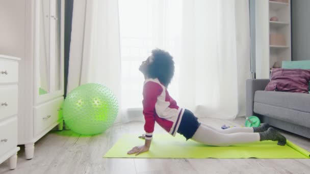 Tânăra femeie africană americană hippy în îmbrăcăminte sportivă colorată cu fire de păr curly afro face cobra yoga pozează — Videoclip de stoc