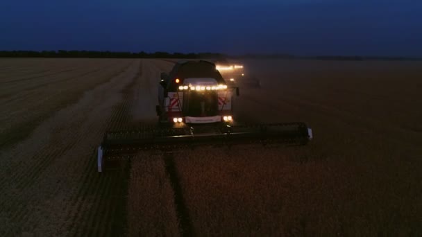 Veduta aerea drone della mietitrebbia con luci funziona nei campi di grano notte. — Video Stock