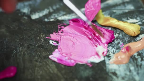 Proces míchání olejových barev s paletovým nožem v umělecké paletě — Stock video