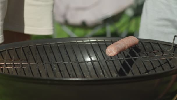 Familjegrillning bratwurst eller korv på nätet. Vänner campar på helgen. — Stockvideo