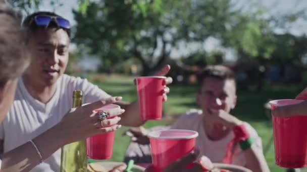 Happy young friends having fun together drinking beer and clinking paper cups outdoors picnic — Stock Video