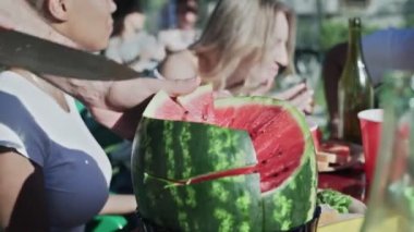 Erkek eli bıçak tutuyor ve dışarıda piknik yaparken sulu karpuz kesiyor..