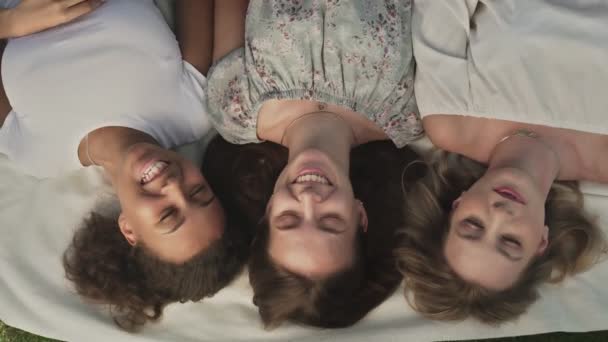 Κάτοψη τριών γυναικών ξαπλώνει σε κουβέρτα και γελάει στο καλοκαιρινό πάρκο — Αρχείο Βίντεο