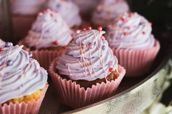 Violett cupcakes på chokladkaka, närbild — Stockfoto