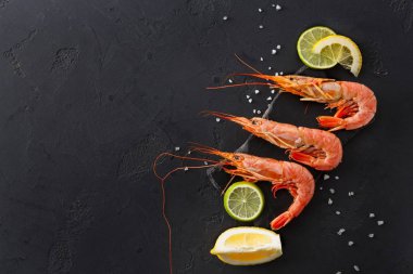 Siyah arka plan üzerine limon ve tuz ile karides