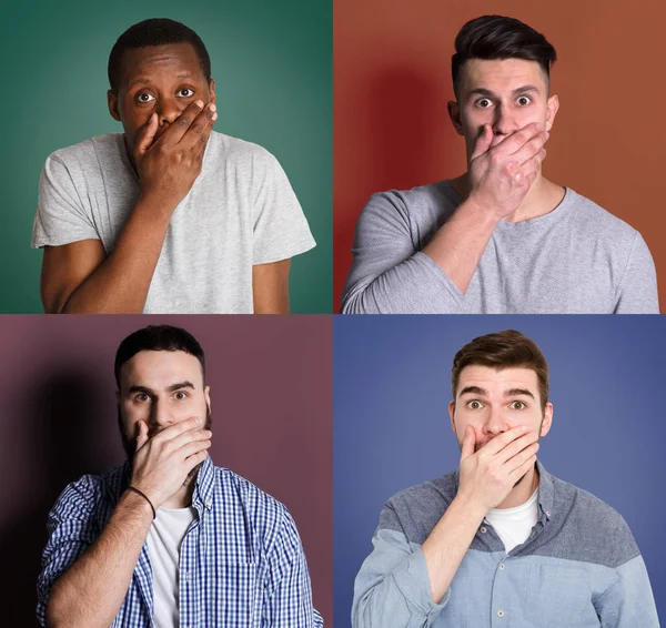 Diverse young men close mouth with hand set — Stock Photo, Image