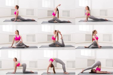 Genç kadının pratik yoga kolaj