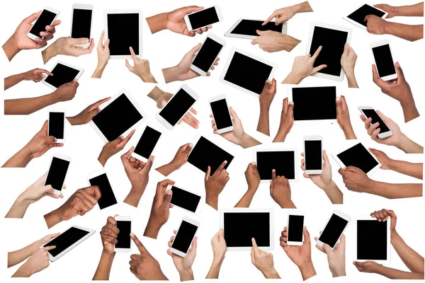 Manliga händer pekar, holding mobiltelefon — Stockfoto