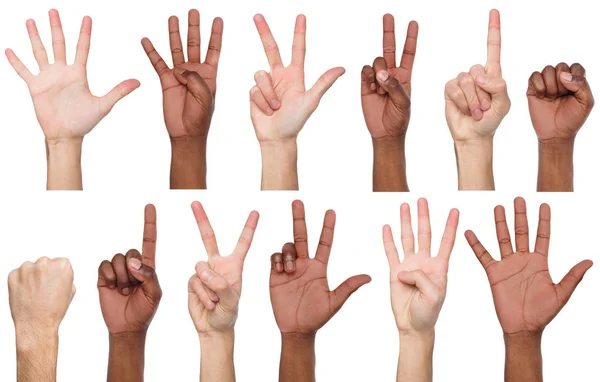 Set of black and white mans hands. Male hands show figures, counting — Stock Photo, Image