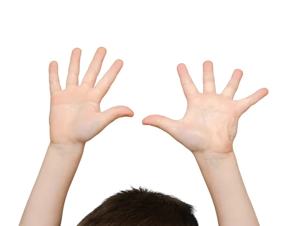 Kinderhand zeigt Zahl zehn auf weißem Hintergrund — Stockfoto