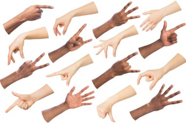 Siyah ve beyaz beyaz izole arka plan eller eller. Semboller çeşitli gösterilen çok ırklı el parmak