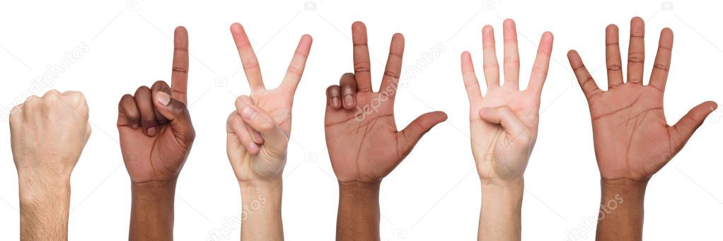 Set of black and white mans hands. Male hands show figures, counting