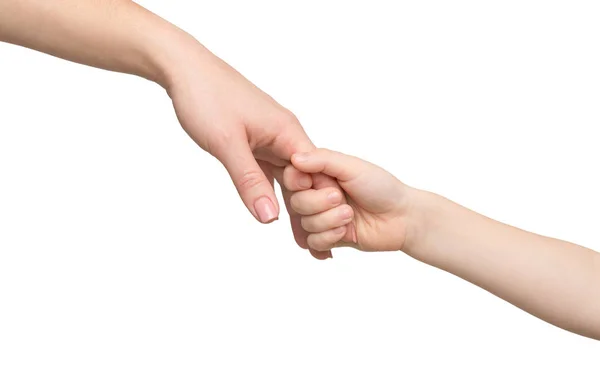 Kid holding mothers finger, isolated on white — Stock Photo, Image