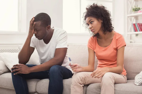 Sad black couple after pregnancy test result — Stock Photo, Image