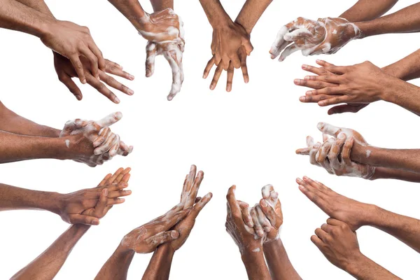 一组黑色男子洗手在白色背景下的手 — 图库照片