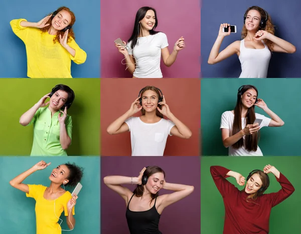 Set of different women listening to music — Stock Photo, Image