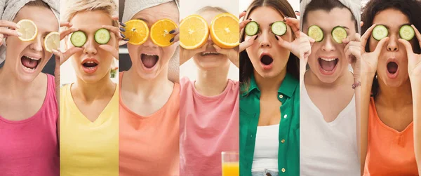 Serie di donne diverse con toppe di cetriolo per occhi — Foto Stock