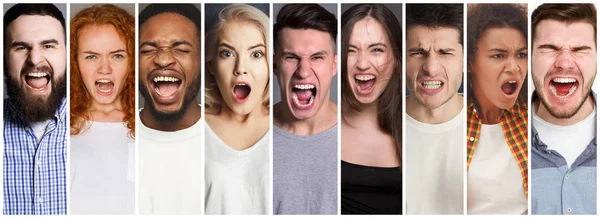 Colagem de pessoas diversas gritando ao fundo do estúdio — Fotografia de Stock