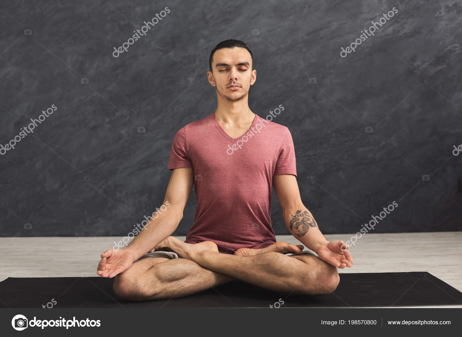 Young man practicing yoga, relax meditation pose Stock Photo by