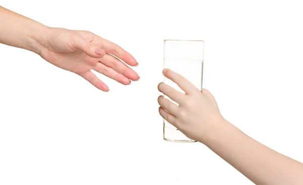 Child Hand Giving Glass Water Mother Isolated White Background — Stock Photo, Image