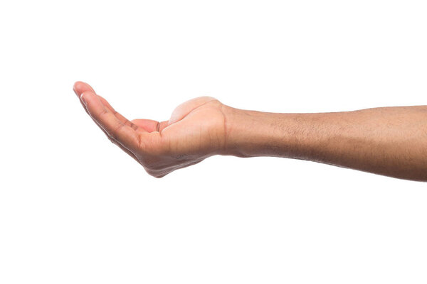 Man holding palm open isolated on white