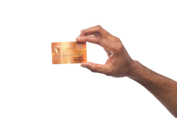 Zbliżenie: mężczyzna ręka trzyma karty plastikowe — Zdjęcie stockowe