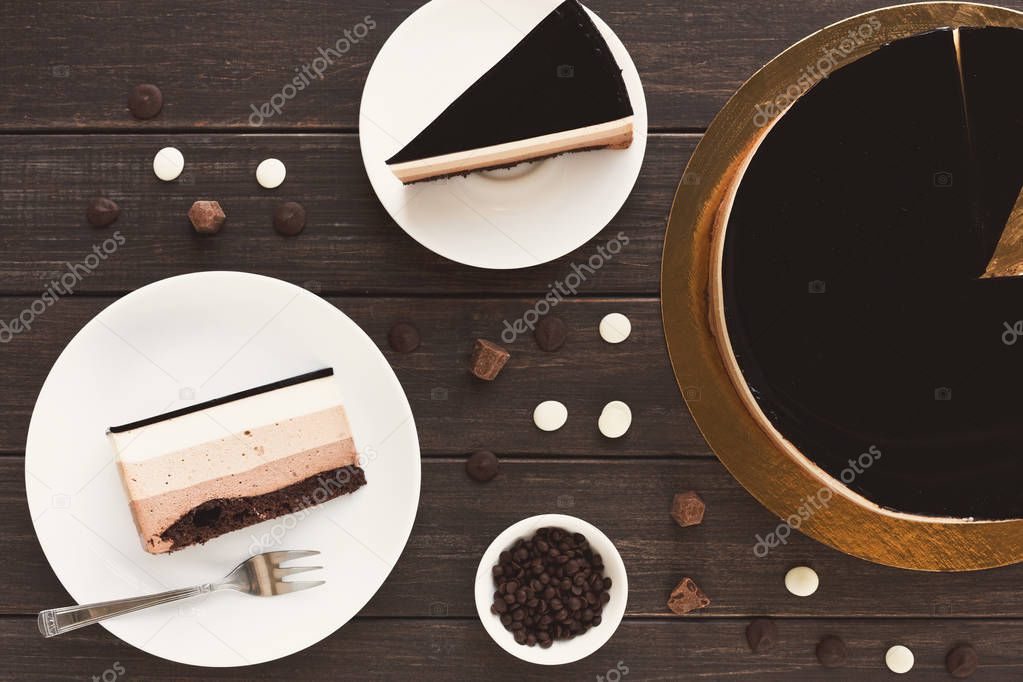 Triple chocolate layer mousse cake with glaze