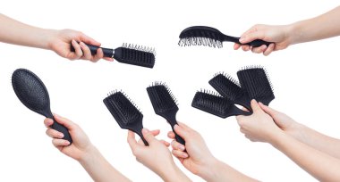 Çeşitli fırça üzerinde beyaz izole holding insan eller