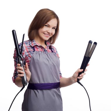 Mutlu Kuaför saç düzleştirici üzerinde beyaz backgropund holding