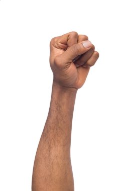 Beyaz arka plan üzerinde izole erkek siyah yumruk. Afrikalı-Amerikalı sıkışık el kadar el hareketi. Sayma, saldırganlık, cesur, erkeklik kavramı